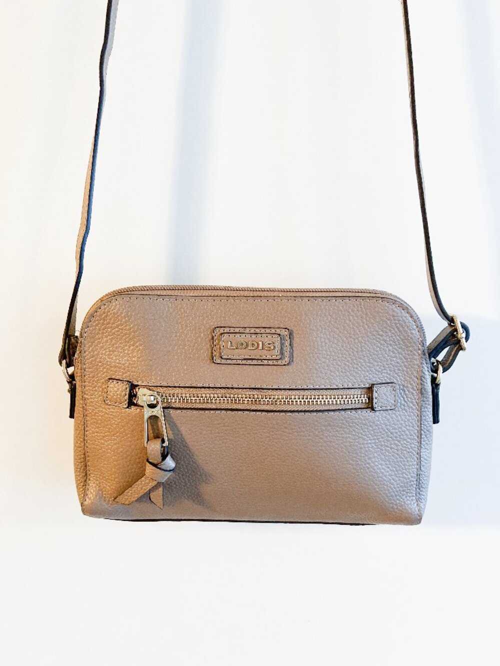Lodis “Charlotte” Taupe Beige Pebbled Leather Crossbody Bag